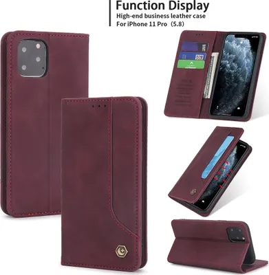 Produktbild von iPhone 11 Pro Hülle, LaimTop Retro Kunstledertasche Schutzhülle mit Kartenfach Standfunktion für iPhone 11 Pro Rot