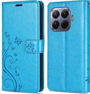 A blue flip wallet case for a Xiaomi 15T Pro phone, shown from the front and back.