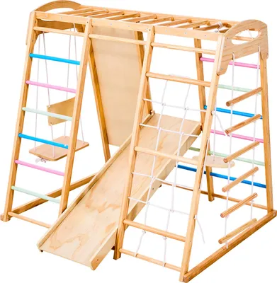 Produktbild von SucceBuy Indoor Spielplatz Klettergerüst (9-in-1) aus Holz, belastbares Montessori-Kletterspielzeug-Set mit Schaukel, Klettergerüst, Rutsche, Holzleiter, Strickleiter, Kletternetz, Kletterwand, Stange und Seil