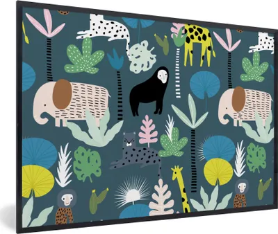 Produktbild von MuchoWow® MuchoWow® Gerahmtes Poster Tiere - Pflanzen - Dschungel - Blau 60x40 cm - Poster mit zchwarzem Bilderrahmen - Printing - Wanddeko Schlafzimmer
