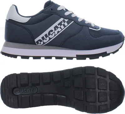 A pair of blue Ducati sneakers shown from the side and the sole.
