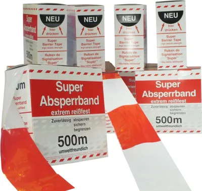 Produktbild von 10 Rol. Absperrband * SUPER * 500m Absperrrolle Abrollkarton Abgrenzungsband Makierungsband Baustelle Warnband Flatterband Feuerwehr 8 cm Absperrungsband 80 mm 8cm Polizei 80mm
