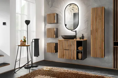 Zdjęcie produktu dla Nowoczesny Zestaw Mebli Łazienkowych Xilo Dąb Wotan Czarny 80 Cm Led