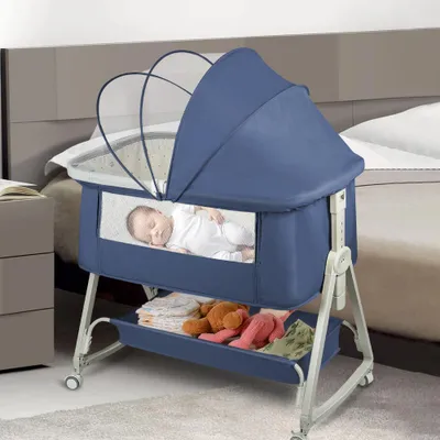Produktbild von Beistellbett Baby,3 in 1 Reisebett Babybett,6 Fach Einstellbare Höhen mit Matratze,Faltbares Co-Sleeper,Stubenwagen Beistellbett für 0-6 Monate Blau