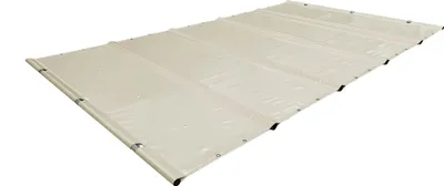 A beige pool cover is laid out on a white background.