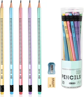 Produktbild von Bleistifte HB, 30 Stück, dreieckig, mit Radiergummi und Spitzer, für Schule und Zuhause