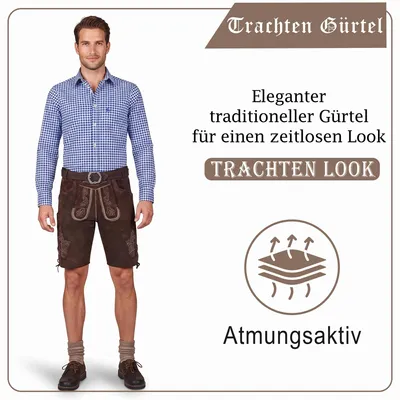 Produktbild von Herren Trachtengürtel aus Echtleder Trachten Lederhosen Gürtel mit Trachten Schnalle, Größe:58-60, Farbe:Dunkelbraun