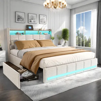 A bedroom scene featuring a bed with storage and lighting.