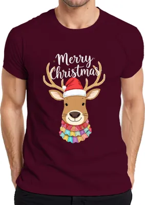 Produktbild von Merry Christmas Weihnachten Rentier Nikolausmütze niedlich bunt Herren T-Shirt, Burgundy, L