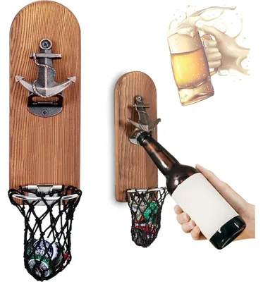 Produktbild von Flaschenöffner Wand mit Auffangbehälter, Vintage Holz Bieröffner Magnetisch mit Netzbeutel