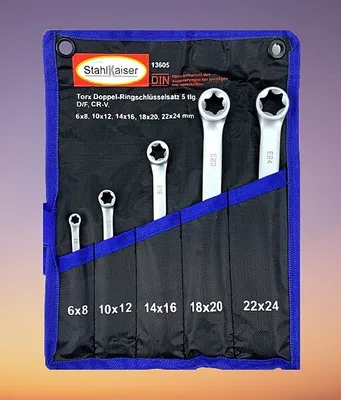 Produktbild von Außensechsrund-Doppelringschlüsselsatz, E6–E24, 5-teilig