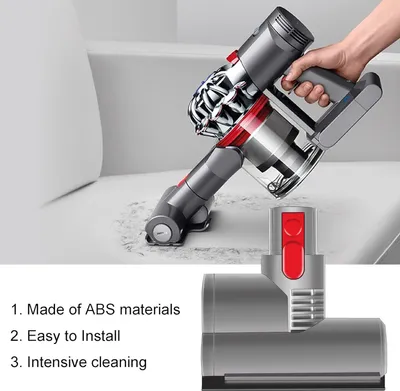 A hand holds a vacuum cleaner attachment over a sofa, with a close-up of the attachment shown below.