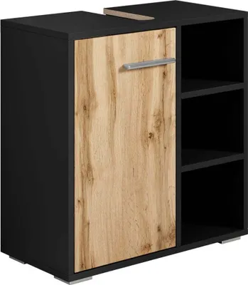 Image de Meuble vasque Neptunus - Noir mat avec chene - 60 x 28 x 60 cm - Meuble de salle de bain, colonne, armoire