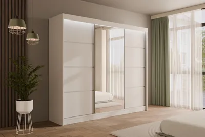 Produktbild von ALTDECOR Kleiderschrank mit Spiegel und Schiebetüren, kugelgelagerte Führungsschienen und Aluminium-Leisten, LED-Beleuchtung (weiß + 16 Farben) und Fernbedienung - PAOKI - 250 cm Weiß