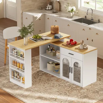 Imagen del producto de Isla de cocina STILVORA con mesa giratoria de 360° y espacio de almacenamiento, barra de cocina con cajón y estanterías, mueble auxiliar de cocina con estante, color blanco