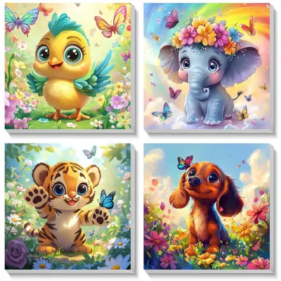 Image de Kit de peinture par numéros pour enfants, 4 animaux avec cadre, 20x20 cm