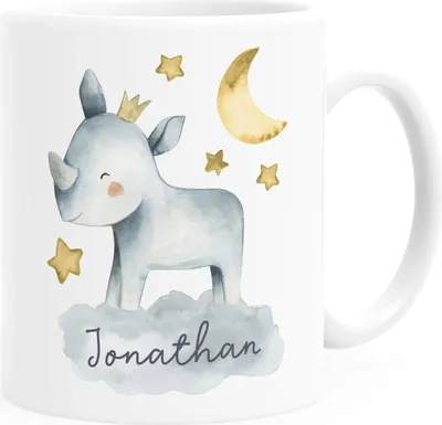 Produktbild von Kinder-Tasse Kunststoff Tier-Motive Nashorn Löwe Elefant personalisierte Namenstasse für Jungen und Mädchen SpecialMe® Nashorn weiß Kunstoff-Tasse