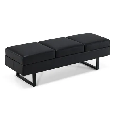 A black upholstered bench with three seat cushions on a white background.
