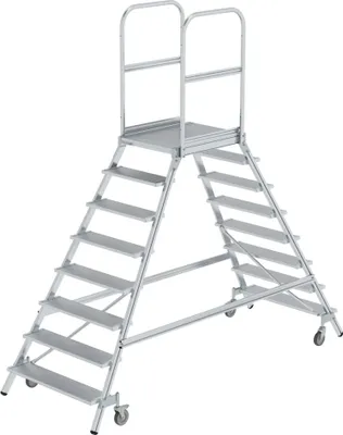 Produktbild von Podesttreppe beidseitig begehbar mit Federrollen | Aluminium geriffelt | 8 Stufen | Rutschsichere Leiterschuhe