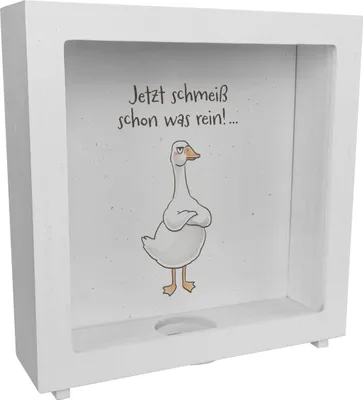 Produktbild von Gilbert die Gans Rahmen Spardose aus Holz mit Spruch Jetzt schmeiß schon was