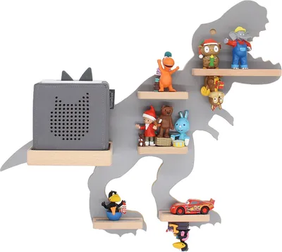 Immagine prodotto di Scaffale per bambini dinosauro animale / Hanging per Tonie Box e Tonie Figure / Scaffale / H. 44 x W. 52 x D. 19 / Scaffale da parete Scatola musicale e figure Stoccaggio con inserti magnetici / Scaffale di stoccaggio Legno Dino