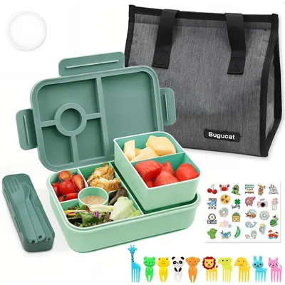 Immagine prodotto di Contenitore per alimenti per bambini con scomparti, capacità 1300 ml, a prova di perdite, con borsa per il pranzo e set di posate, color verde scuro