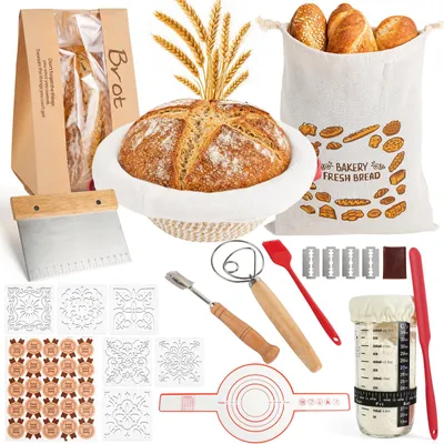 Imagen del producto de Kit de masa madre de 35 piezas, incluye cesto de fermentación de 23 cm, accesorios para hornear pan, ideal para principiantes