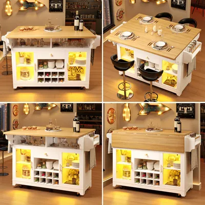 Produktbild von Weißer Servierwagen mit Klappplatte, RGB-LED-Beleuchtung, verstellbaren Einlegeböden und Weinregal, Kücheninsel auf Rollen