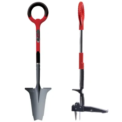 Produktbild von Root Slayer Set Wurzelspaten + Unkrautentferner mit Stiel, ergonomisch & robust, Spaten & Schaufel mit Schneidspitze & Wurzelsäge, rot