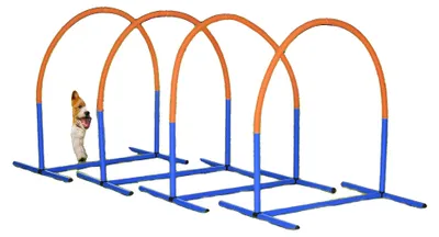 Zdjęcie produktu dla Zestaw do treningu agility dla psów, zawierający 4 przeszkody, wykonany z tworzywa sztucznego, o wymiarach 88 x 64 x 95 cm, z regulowanymi przeszkodami, przeznaczony dla psów