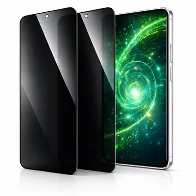 Three smartphones are displayed side-by-side against a white background. The two phones on the left have black screens, while the phone on the right displays a vibrant green, abstract, swirling pattern.
