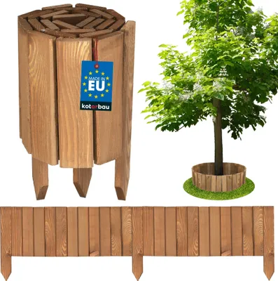 A collage of wooden garden products including a planter, a tree with a planter, and a border fence.