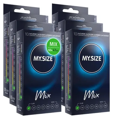 Zdjęcie produktu dla Prezerwatywy My.Size Mix rozmiar 1, 47 mm, opakowanie ekonomiczne, | 60 sztuk Prezerwatywy w 4 ekscytujących rodzajach, z aromatem, kolorem, wypukłościami i klasyczne