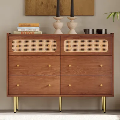 Immagine prodotto di Comodino con 6 cassetti, mobile contenitore in rattan, finitura effetto noce, dimensioni 120x40x90 cm