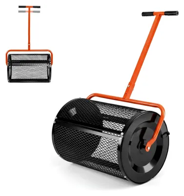 Produktbild von Kompoststreuer 75L, Düngerstreuer mit Seitenverschlüssen, höhenverstellbarem Griff & 60 cm Arbeitsbreite, Gartenstreuer mit φ40cm Metallgitterkorb für Kompost Dünger Torfmoos & Sand (Orange)