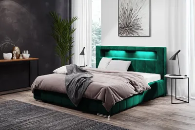 Produktbild von Polsterbett Sechs mit Bettkasten, Bett mit Metallrahmen, LED-Beleuchtung, Chrombeine (Stoff: kronos 19 - flasche grün, Große: 140x200 cm)