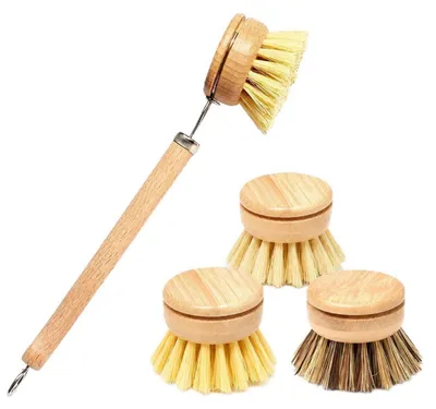 Immagine prodotto di Spazzola per la pulizia della cucina con 3 testine di ricambio, manico in bambù, testine in sisal e fibra di cocco