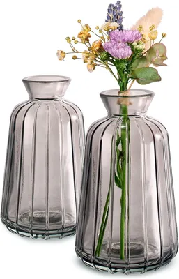 Produktbild von Set mit 3 kleinen, grauen Vintage-Glasvasen, abwaschbar, perfekt für Hochzeitstische
