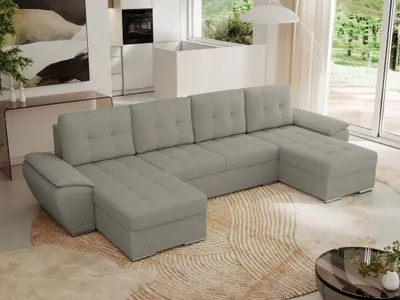 Produktbild von MKS MEBLE Sofa mit Schlaffunktion - Wohnlandschaft u form - Ecksofa mit Schlaffunktion und Bettkasten - Schlafsofa - Couch - Schlafsofa mit Bettkasten - Umbria U - Hellgrau Boucle
