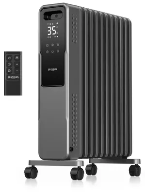 Imagen del producto de Calefactor de aceite Brandson de 2500 W con 11 aletas, calefacción eléctrica con 3 niveles de potencia, termostato de 5 a 35 °C, temporizador 24 h, mando a distancia, modo ECO, protección contra heladas, 4 ruedas, color gris claro