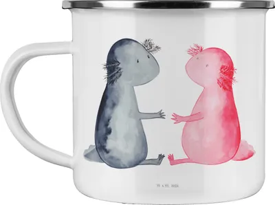 Produktbild von Mr. & Mrs. Panda Teetasse Axolotl Liebe - Weiß - Geschenk, becher emaille, Pott, Teebecher, blechbecher, Valentinstag, Haferl, Lurch, Lurche