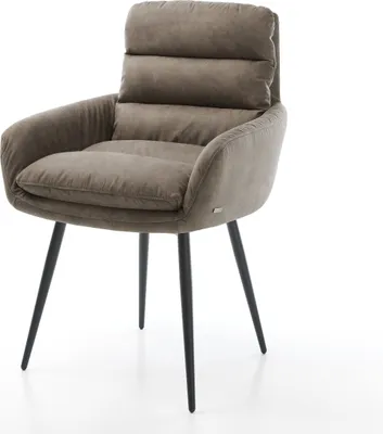 Zdjęcie produktu dla Krzesło do jadalni DELIFE Abelia-Flex z podłokietnikami, obite mikrofibrą w kolorze taupe, styl vintage, czarne, stożkowe nogi
