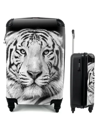 Produktbild von MuchoWow® Koffer Handgepäck Trolley Rollkoffer Kleine Reisekoffer mit 4 Rollen - Tiger - Schwarz - Weiß - Porträt - Tiere - Cabin Size < 55x40x23 cm & 55x40x20 cm - Fotokoffer - Kabinenkoffer - Boardgepäck - Reise-Box - Reisekoffer - Reisegepäck - Koffer mit Bild - Trolley für Kinder