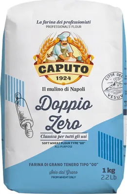 A bag of flour with branding and product information.