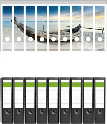 Produktbild von Wallario 9 Stück breite Ordner inkl. Klebeetiketten mit Motive Fischerboot am Strand mit Sonnenuntergang -  Set mit Rückenschildern / Ordnerrücken Stickern
