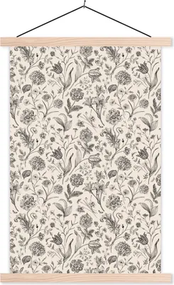 Produktbild von MuchoWow® Textilposter Blumen - Muster - Grau 120x180 cm mit holzfarbenen Rahmen - Textil-Plakat