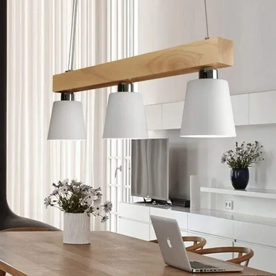 Image de ZMH Lampe pendante de table en bois Lampe pendante blanc chaud Lampe pendante réglable en hauteur pour salle à manger et salon