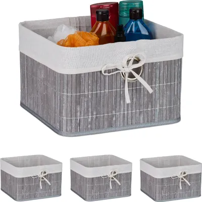 Produktbild von Relaxdays Aufbewahrungskorb 4er Set, Bambus, Stoffeinsatz, HBT: 20x31x31 cm, Körbchen Griffloch, Regalkorb, grau/weiß