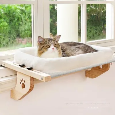 Produktbild von Katzenbetten, Katzenhängematte, Fensterliege, hängendes Katzenbett aus Holz, Katzenliege, Fenstersitze, strapazierfähig, verstellbarer Katzensitz