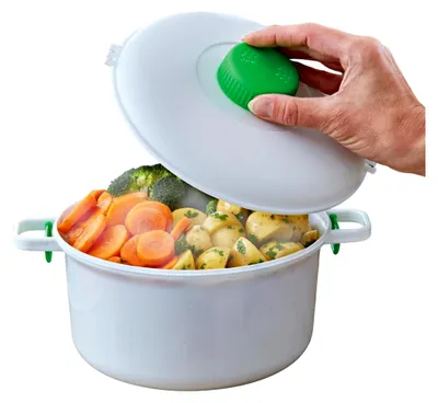 Produktbild von Mikrowellen Schnellkochtopf 2,8L mit Dampfventil – Schnellkochtopf für die Mikrowelle – spart Zeit und Energie – Inklusive Löffel und Messbecher – geeignet für Gemüse, Eintöpfe und Nudeln